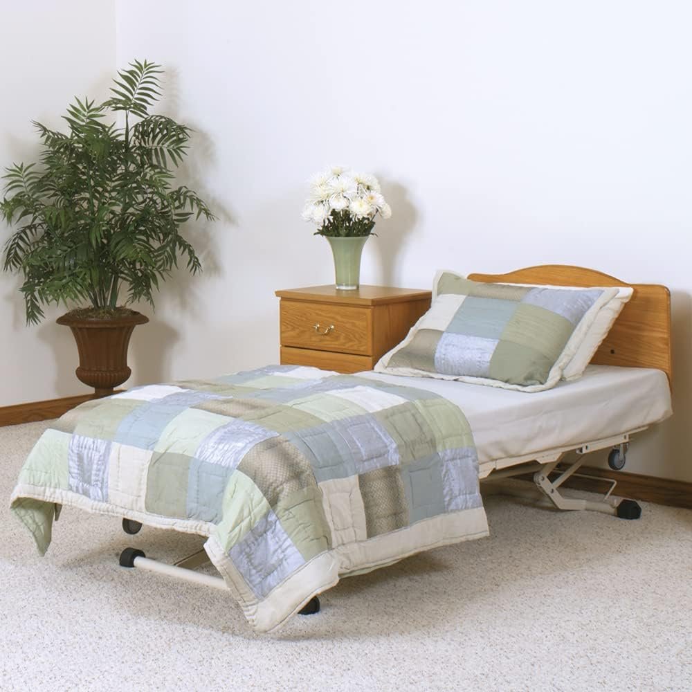 Joerns WeCare Full-Electric Adjustible Bed Frame Fixed Width and Roll-in-Low with Traditional Style Panel in Quartered Oak, (42"W WeCare w/Trad. Panels & Width Ext, Quartered Oak) - Image 4