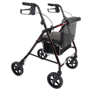 Deluxe Flame Finish Aluminum Rollator - 4 Wheel Medical Rolling Walker with Wheels, Burgundy Flame